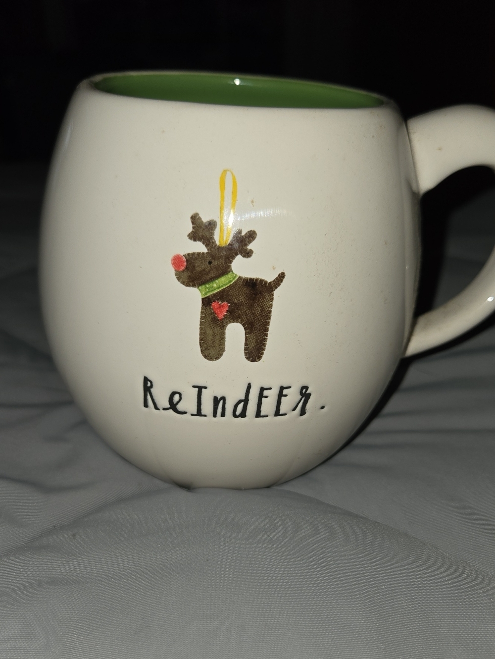 Rae Dunn White Mug with Green Interior and Reindeer Graphic